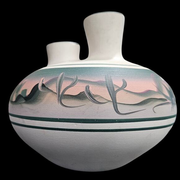 New West Pottery Double Spout Vase Southwest Desert Scene Hand Painted AZ - Picture 3 of 8
